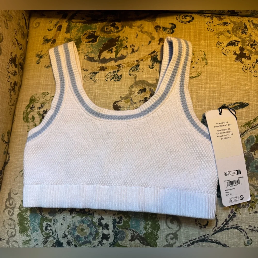 NWT ALO Yoga Tennis Club White and Crystal Blue Striped Knit Bra Top ONLY